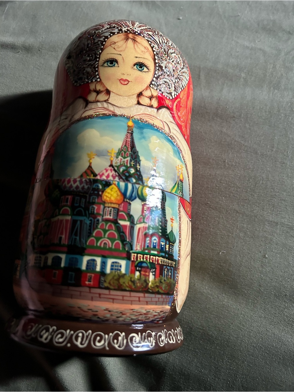 Hand-Painted Red Matryoshka Nesting Doll with Cathedral Motif